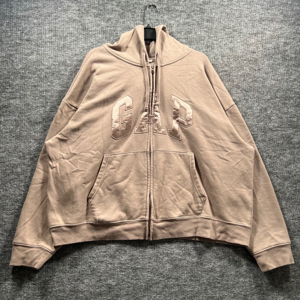 Gap Womens XXL Oversized Full Zip Hoodie Tan Taupe Satin Logo Cropped 5535
